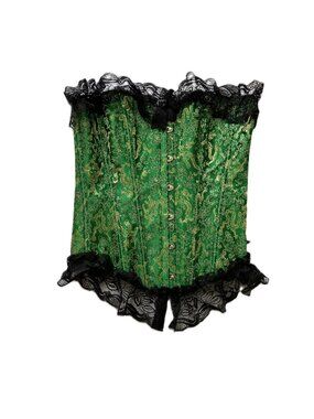 Green Satin Corset Bustier Strapless Top w/ Matching Thong NWT XL Dragon Brocade